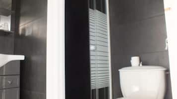 A bathroom with a toilet, a white sink, and a mirror.