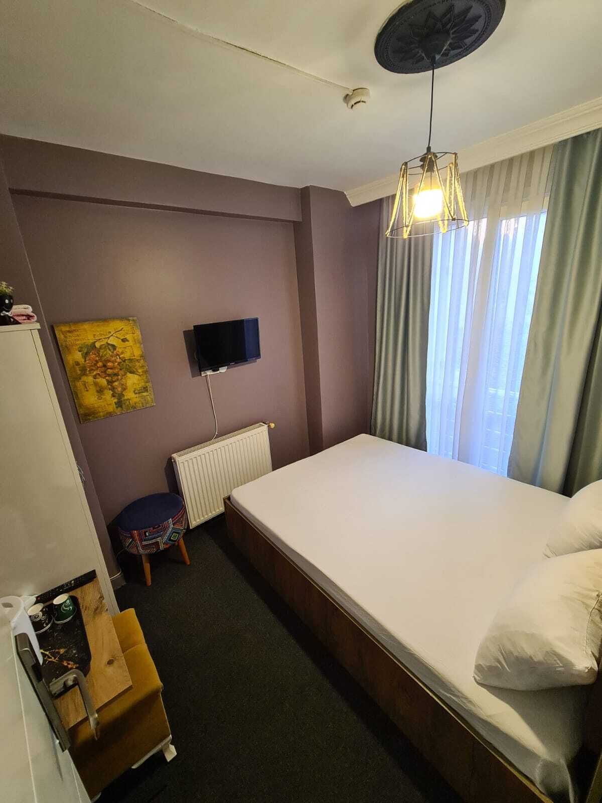 A hotel room with a bed, a television, a radiator, a window with curtains, and a ceiling fan.
