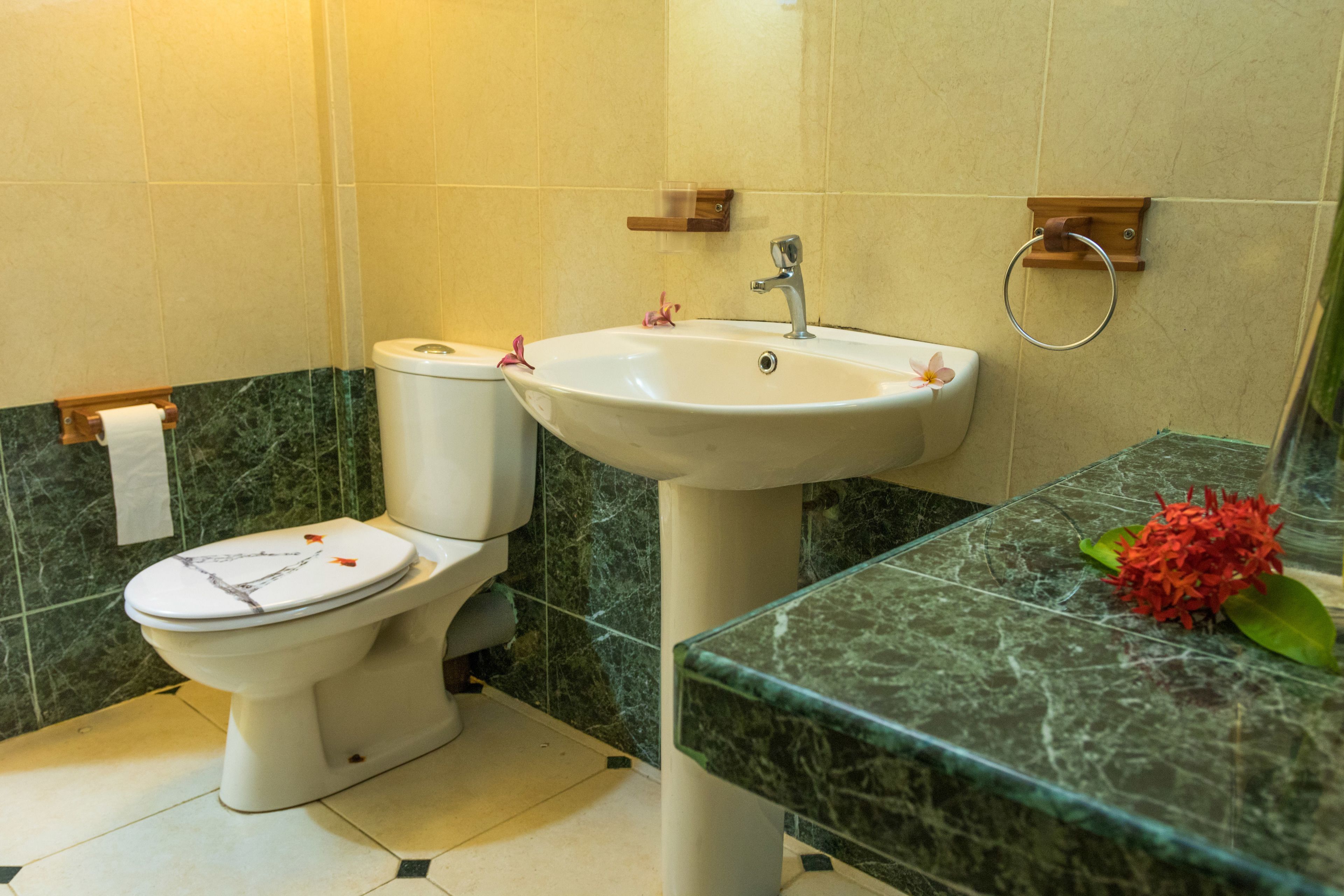 Une salle de bain équipée de toilettes, d’un lavabo et d’un comptoir en marbre.