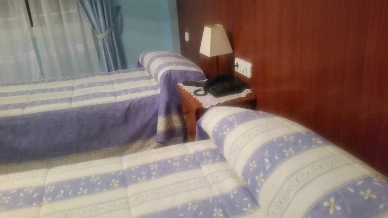 A hotel room with two beds, each with a purple and white striped bedspread. There is a bedside table with a lamp and a telephone.