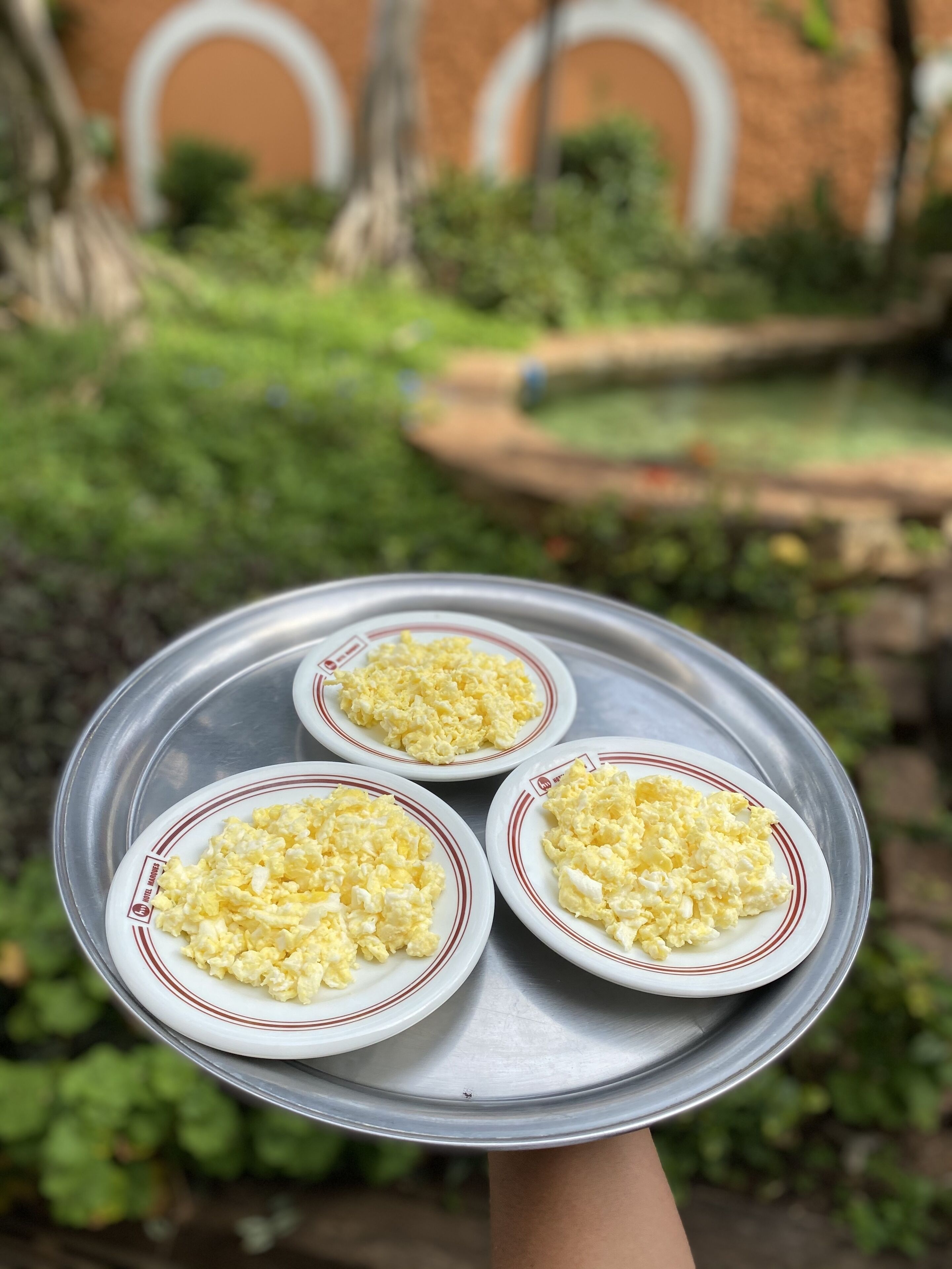 Una bandeja con tres platos blancos que contienen huevos revueltos, sostenida por una persona.