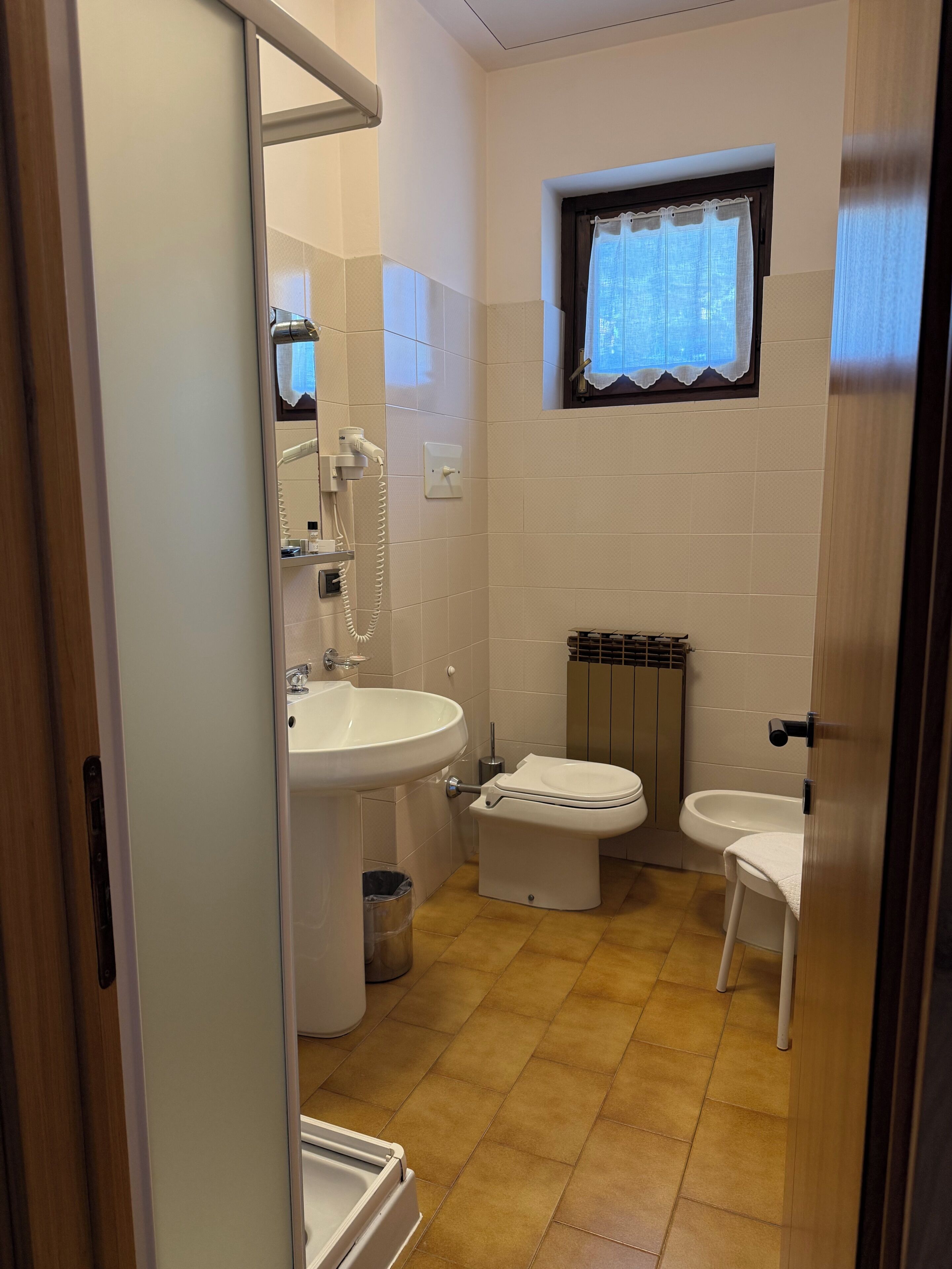 Habitación con 1 cama doble o 2 individuales | Baño | Ducha, artículos de higiene personal gratuitos, secador de pelo y bidé