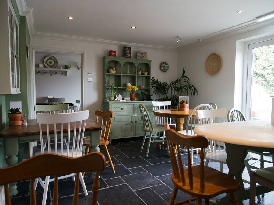 A dining area with a round table and chairs, a green cabinet with shelves, and a potted plant.