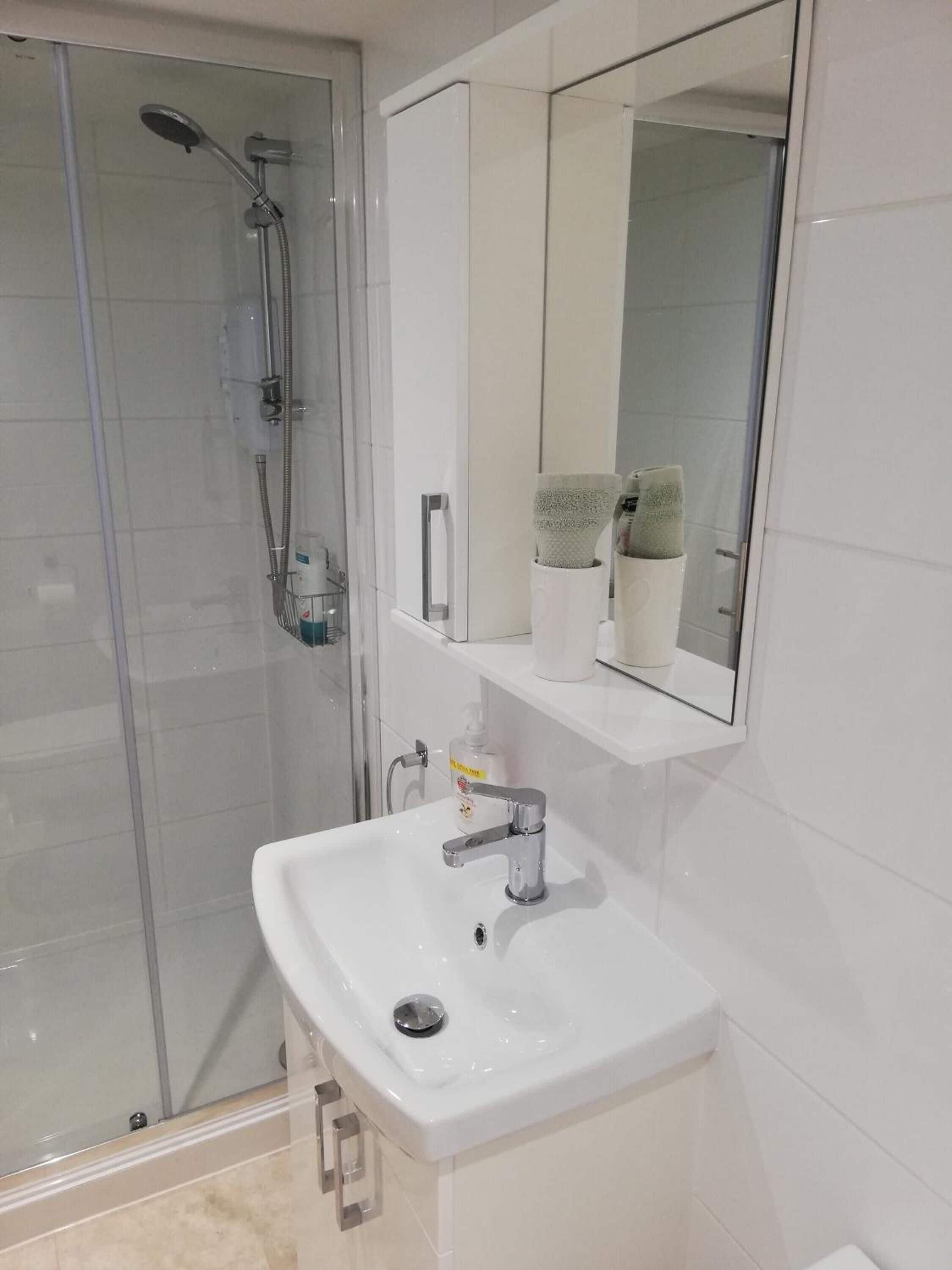 Un baño moderno con ducha envuelta en vidrio, un lavabo blanco con grifo cromado y un espejo sobre el lavabo.