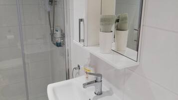 Un baño moderno con ducha envuelta en vidrio, un lavabo blanco con grifo cromado y un espejo sobre el lavabo.