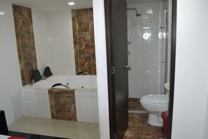 Habitación de lujo doble | Baño | Ducha, artículos de higiene personal gratuitos y toallas