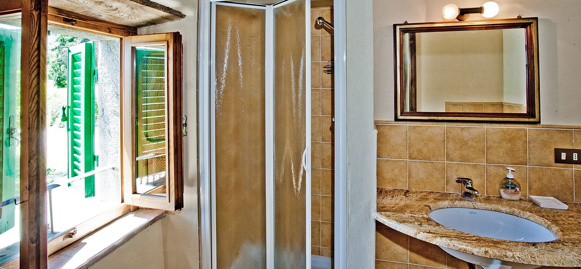 Een badkamer met een douche, een wastafel en een spiegel.