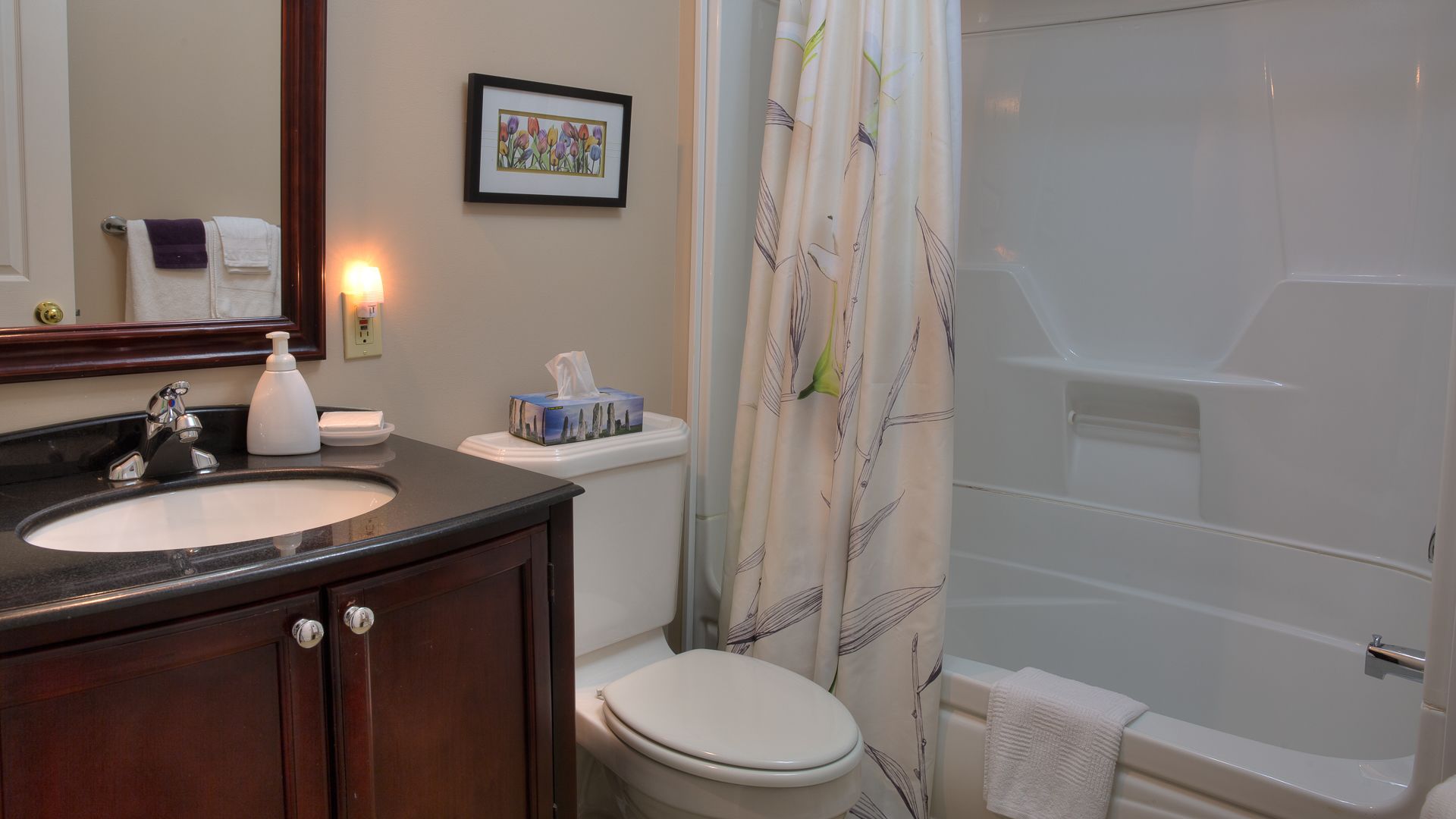 A bathroom with a sink, toilet, and bathtub. There is a framed picture on the wall, a towel rack, and a bottle of hand soap.