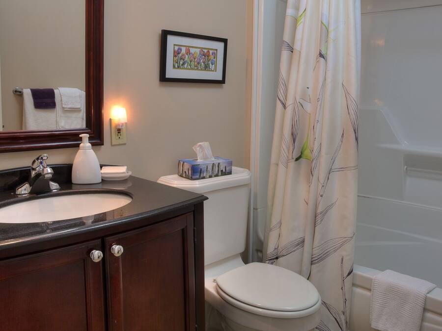 A bathroom with a sink, toilet, and bathtub. There is a framed picture on the wall, a towel rack, and a bottle of hand soap.