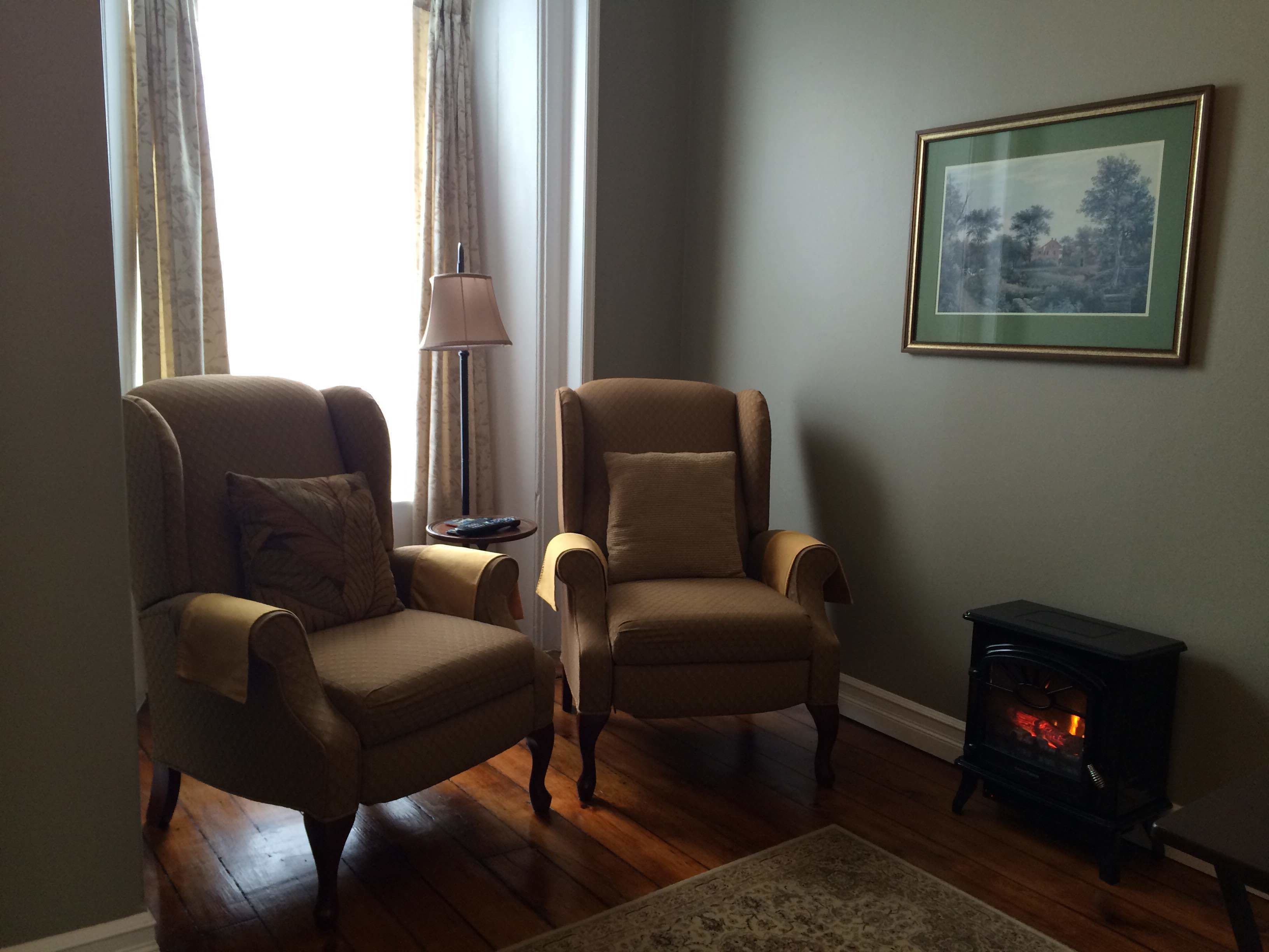A living room with two armchairs, a lamp, a framed picture, and a wood-burning stove.