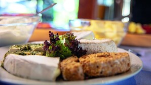 Un plato con distintos alimentos, incluyendo queso, ensalada y un producto empanizado.