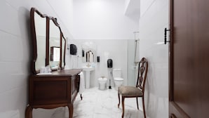 A modern bathroom with a wooden vanity, a large mirror, a sink, a toilet, and a shower area. - Casa Cinzia (Las Palmas de Gran Canaria)