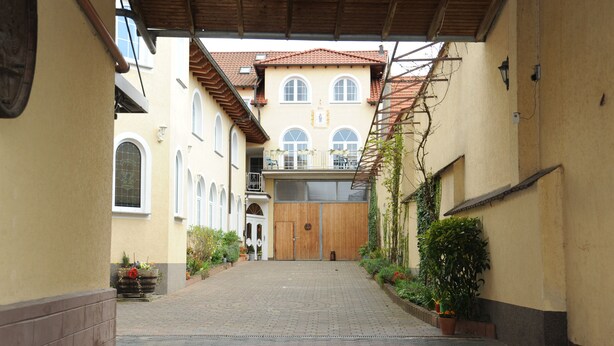 Um pátio com porta de madeira, plantas em vasos e chão de azulejos.