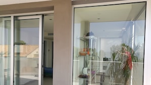 A modern room with a glass door leading to a balcony, a metal shelf with various items, and a potted plant.