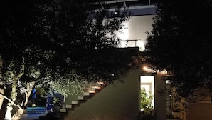 A staircase leading to a building entrance, surrounded by trees and illuminated by warm lights.