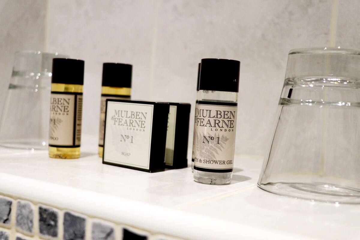 free toiletries, hair dryer, towels