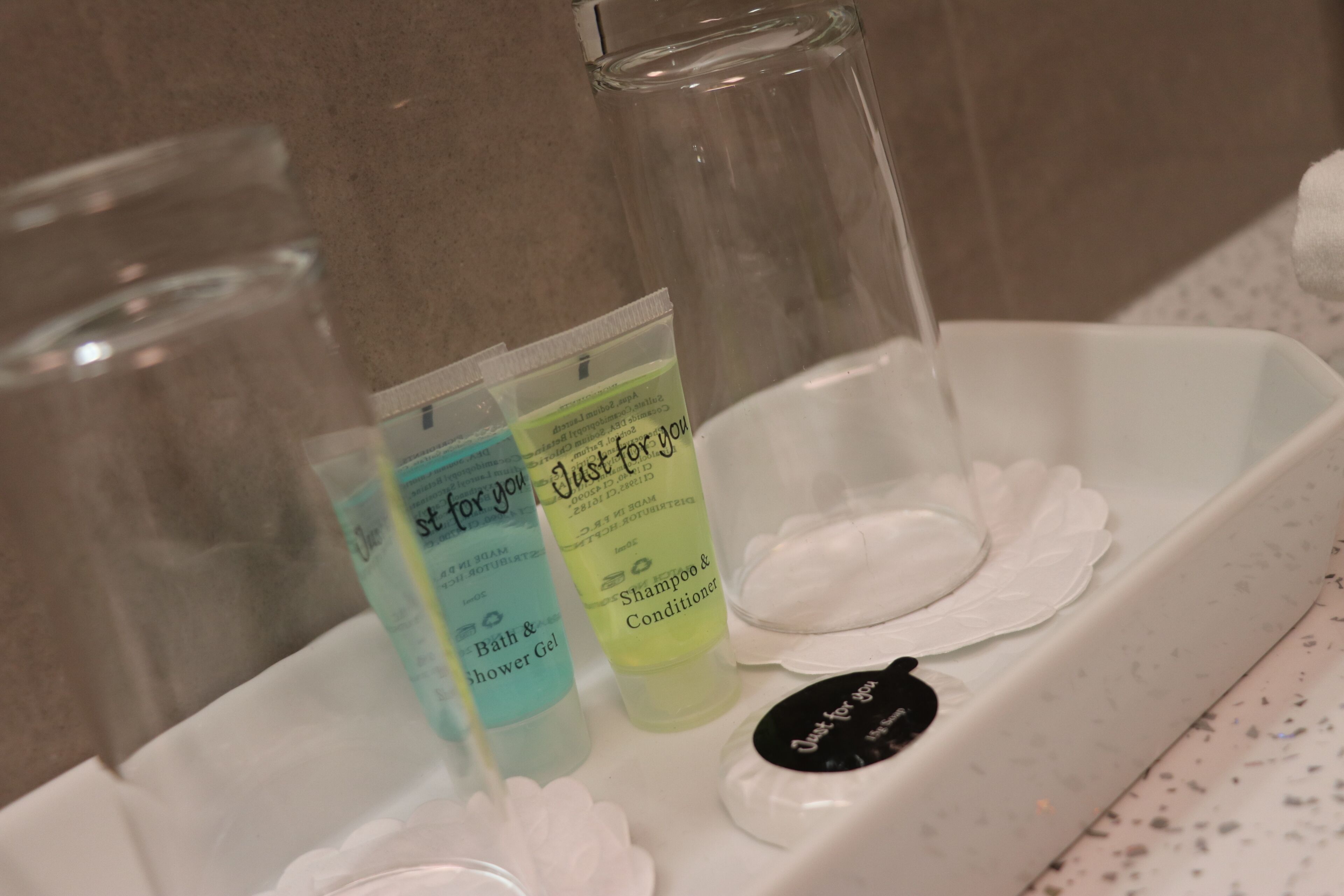 free toiletries, hair dryer, towels