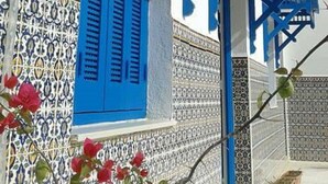 A building with blue structural elements and patterned tile walls. - Dar El Goulli (Sousse)