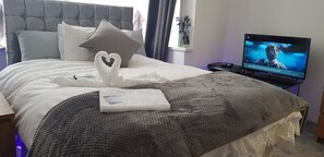 Blackout curtains, iron/ironing board, free WiFi, bed sheets