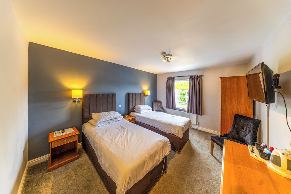 A hotel room with two beds, a desk, a chair, and a television.