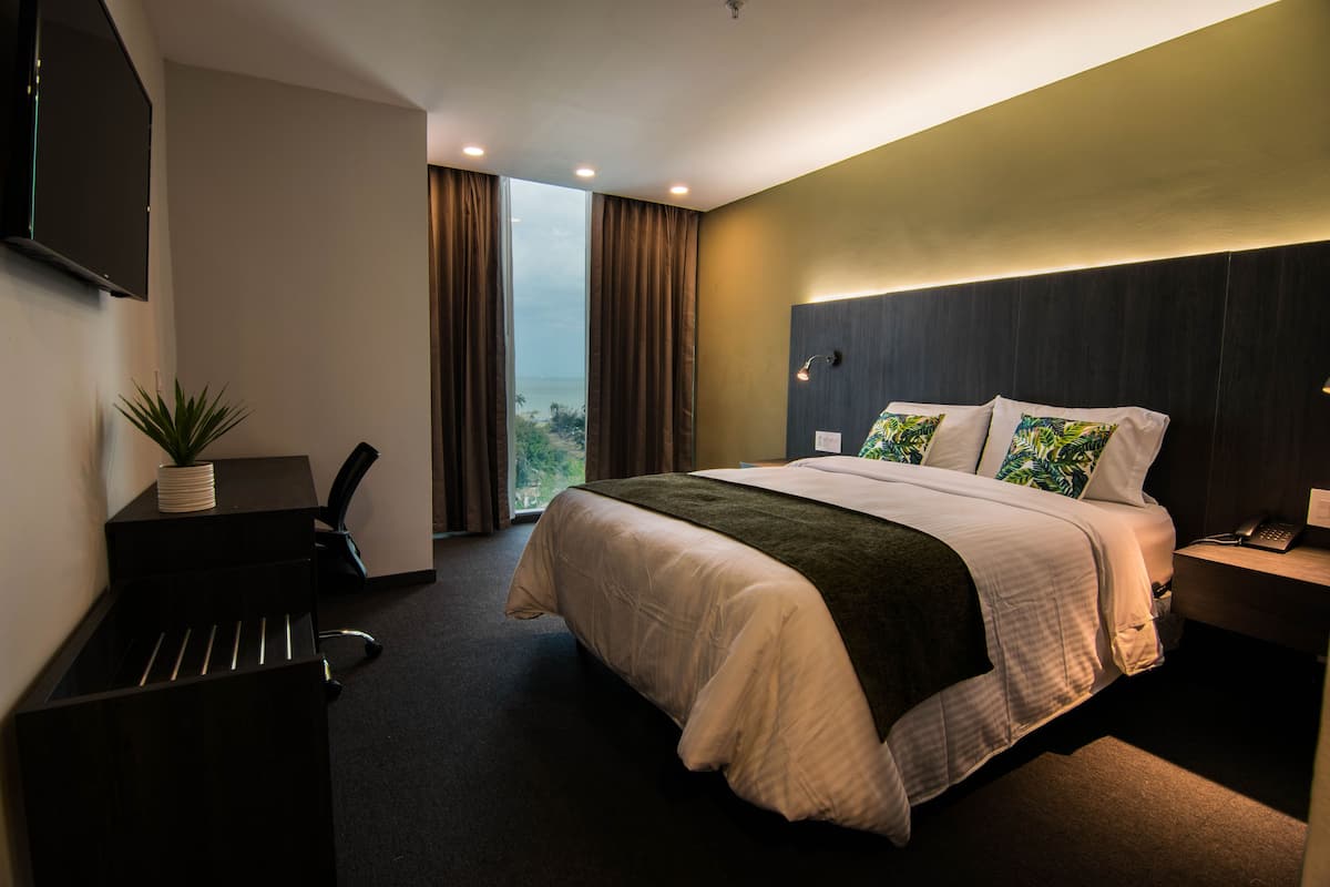 A modern hotel room with a large bed, a desk with a laptop, a potted plant, and a view of the outdoors.
