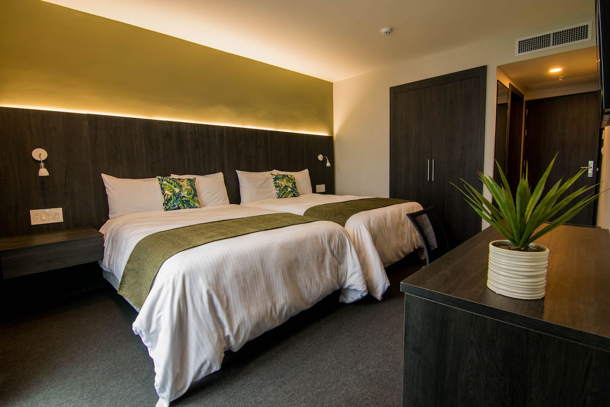 A modern hotel room with a large bed, a bedside table, a potted plant, and a wardrobe.