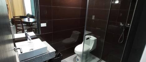 A modern bathroom with a glass-enclosed shower, a toilet, and a sink with a mirror above it.