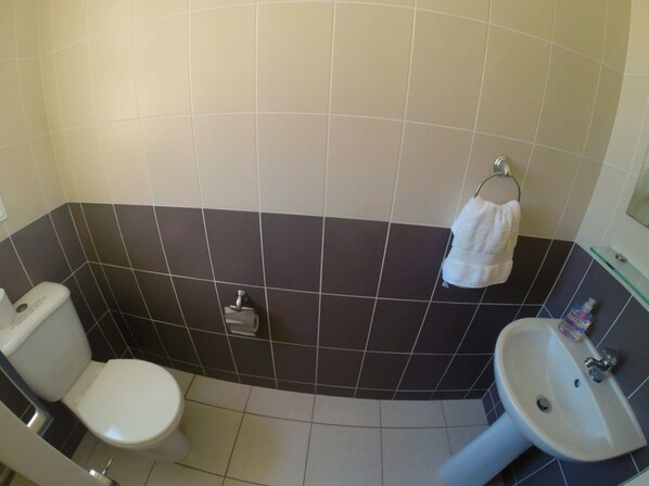 Un baño con inodoro, lavabo y toallero.