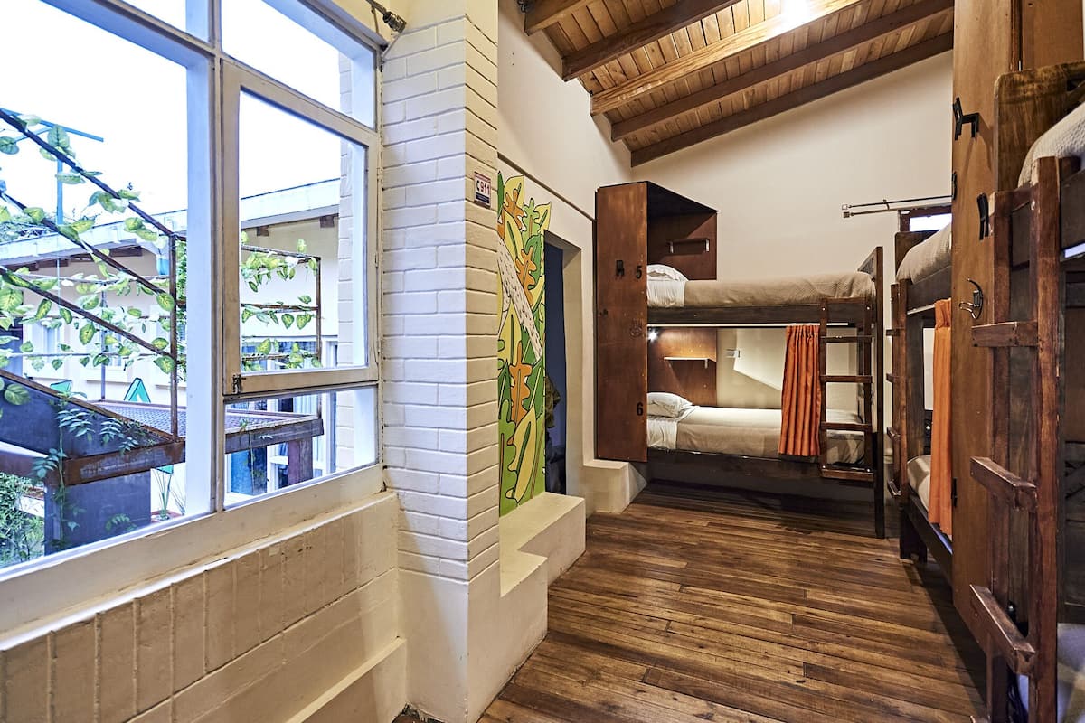 A narrow corridor with wooden floors and bunk beds, a window with a view of greenery, and a wall with a colorful mural.