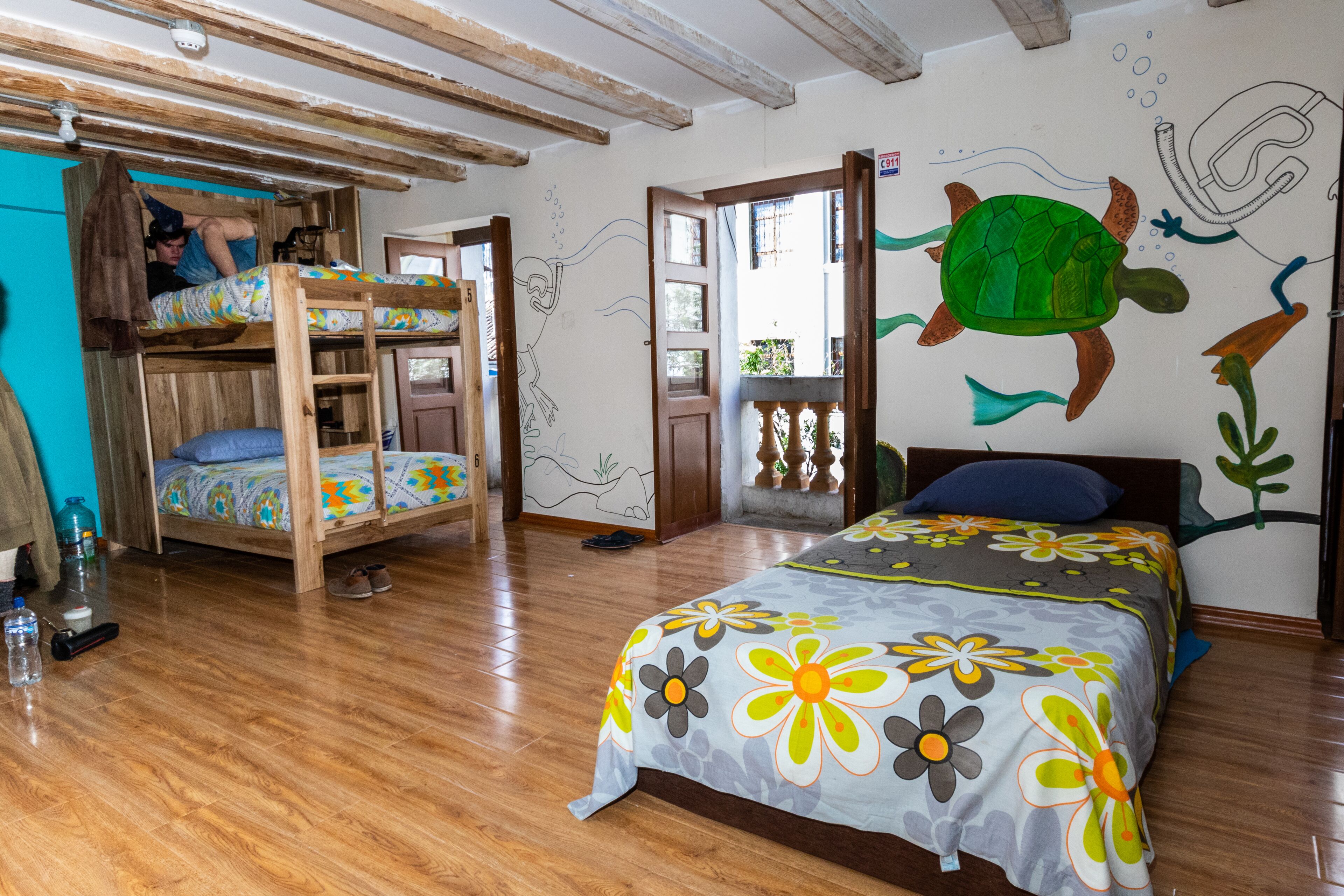 A room with a bunk bed, a single bed, wooden flooring, a mural of a turtle, and a door leading outside.