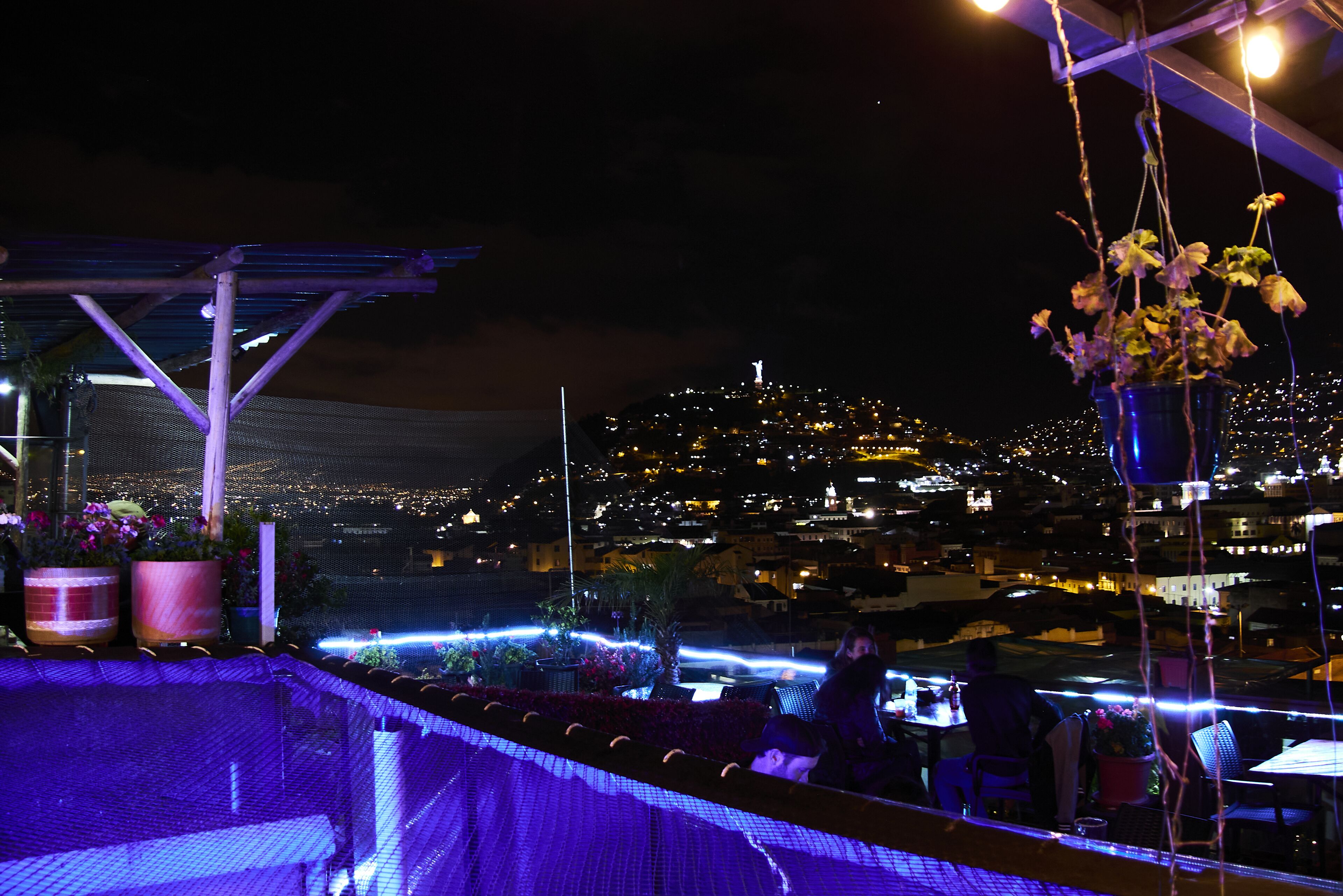 Terraço no topo com vista para a cidade à noite, plantas em vasos e arranjo floral pendente.