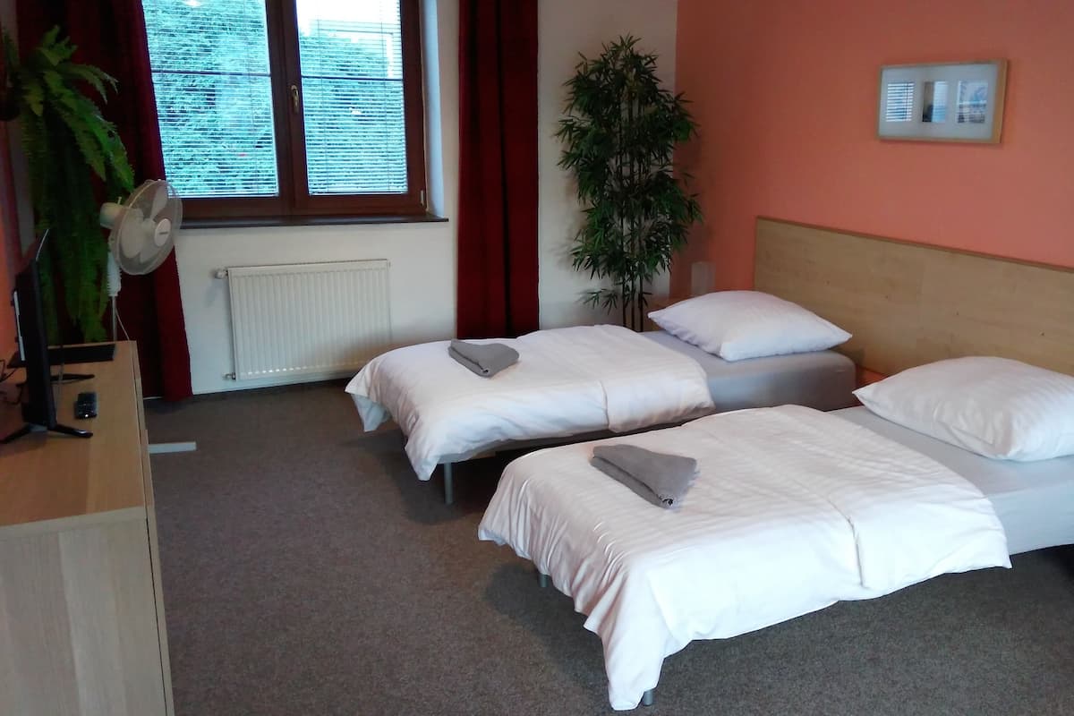 Une chambre d’hôtel avec deux lits simples, un bureau avec un ordinateur, une plante et une fenêtre avec des stores.