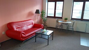 Grand Apartment, Kitchen, Courtyard Area (2 beds) | Living area - Penzion Exotic (Ostrava)