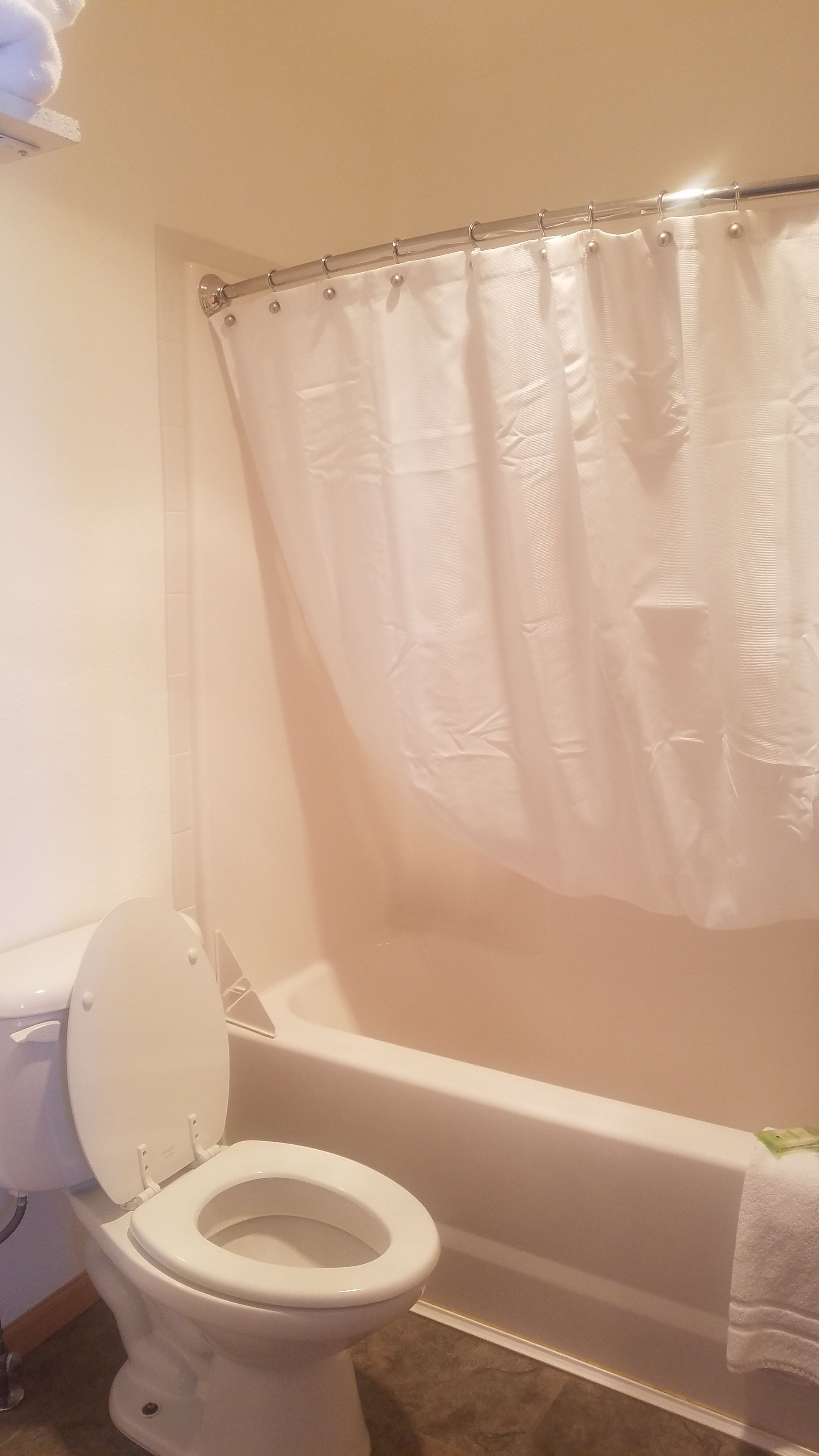 A bathroom with a toilet, bathtub, and shower curtain.