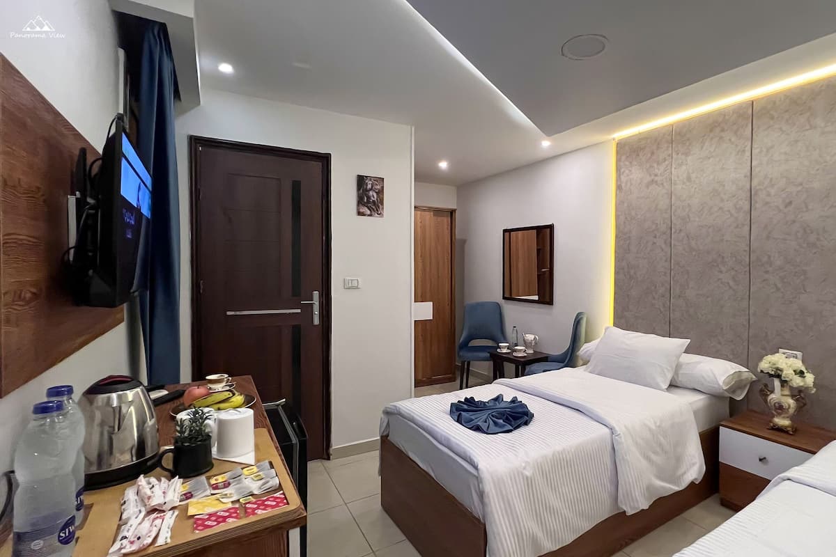 Habitació d'hotel amb un llit, taules de nit, escriptori amb cadira, televisió i un mirall.