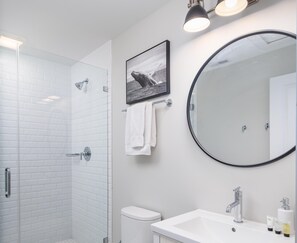 Duschwanne, Haartrockner, Handtücher, Seife