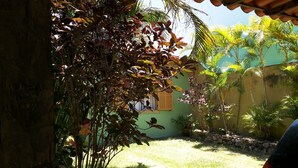 A courtyard with a stone wall, a small garden, and a building with a green wall and wooden shutters. - Casa das Orquídeas (Arraial do Cabo)