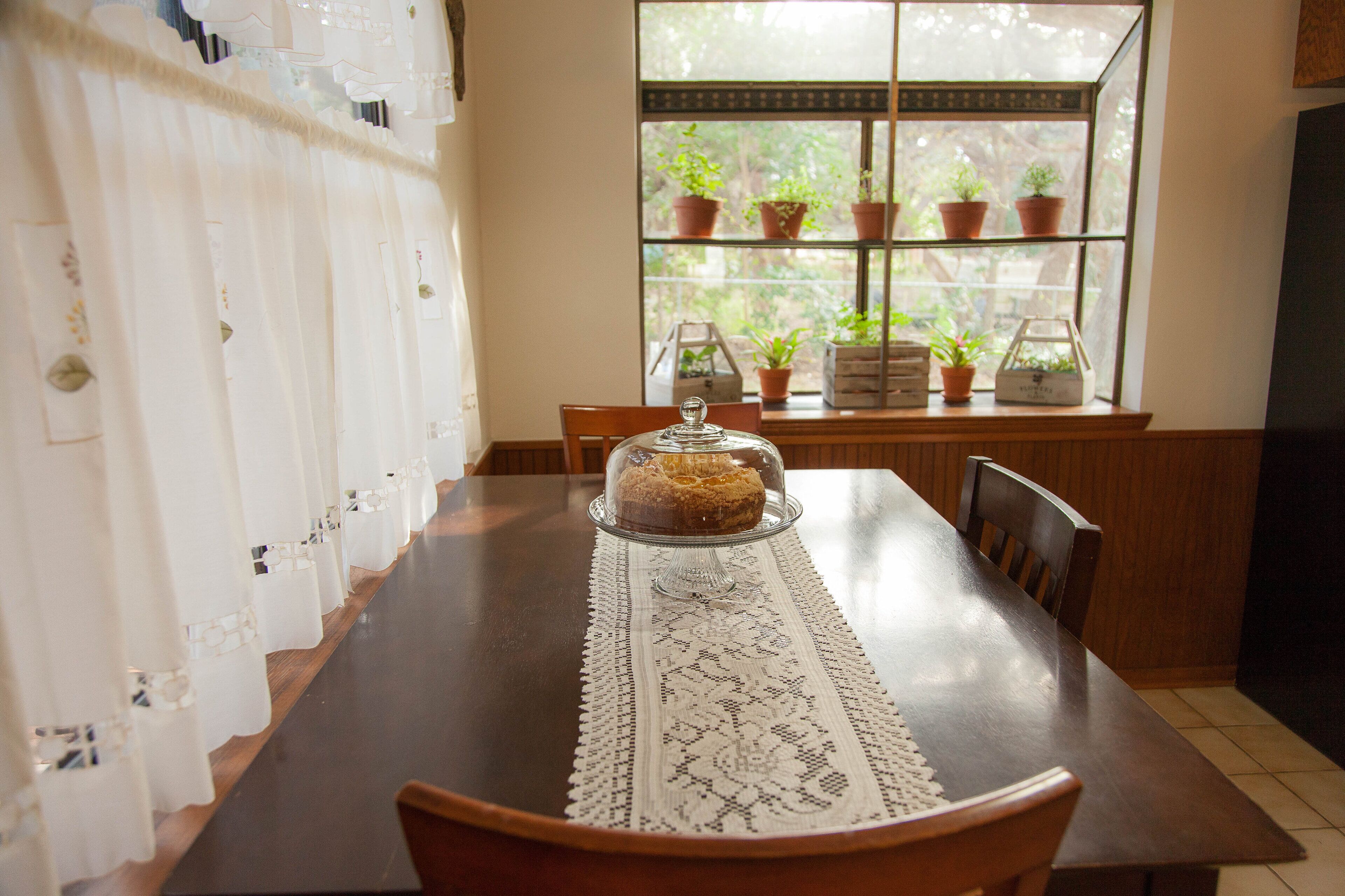 A dining table with a lace table runner, a glass cake stand with a covered cake, and potted plants on a shelf by the window.