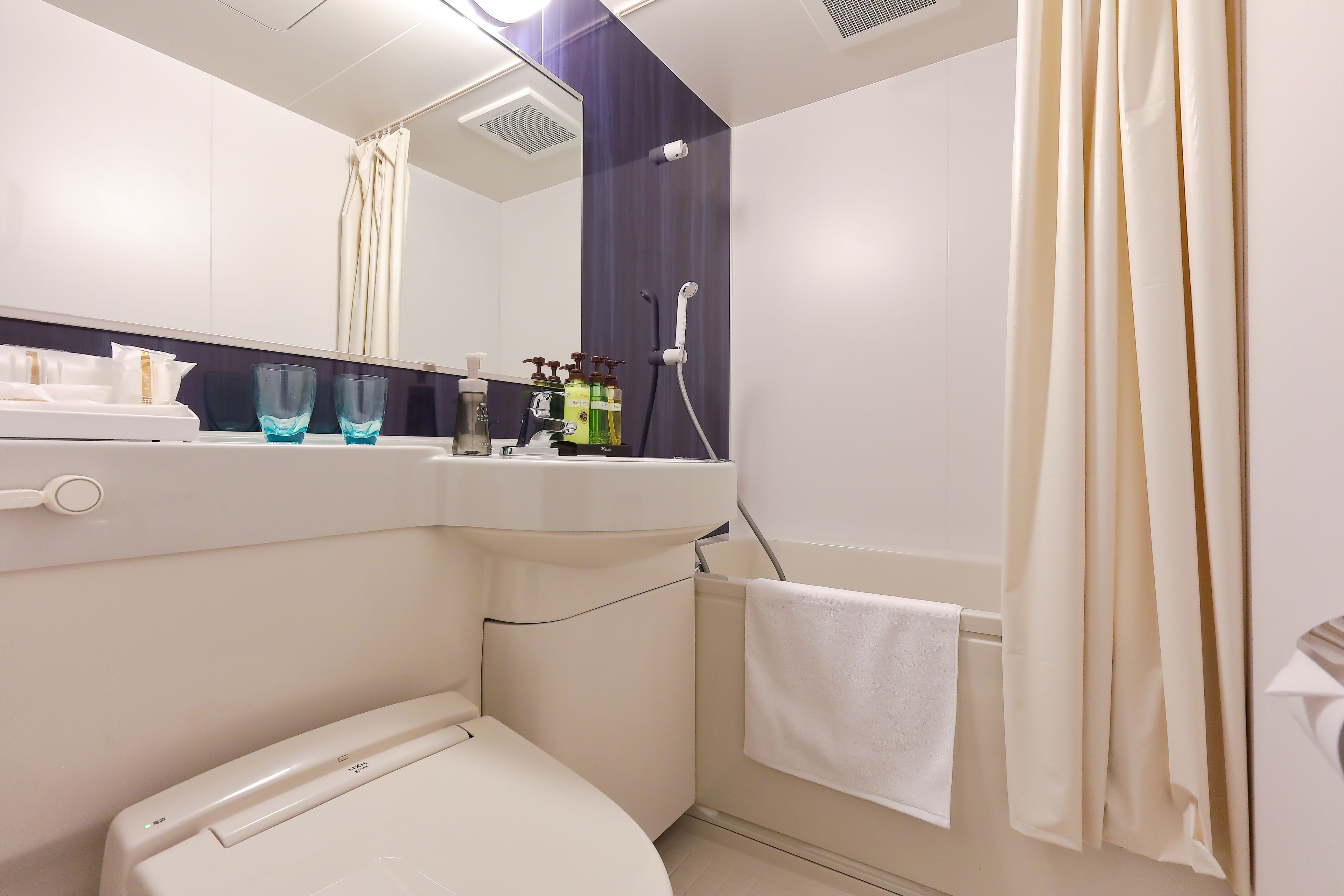 combined shower/bathtub, free toiletries, hair dryer, slippers