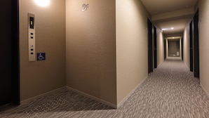 A hotel hallway with a carpeted floor, a wall-mounted elevator with a wheelchair accessibility sign, and a corridor leading to a door at the end.