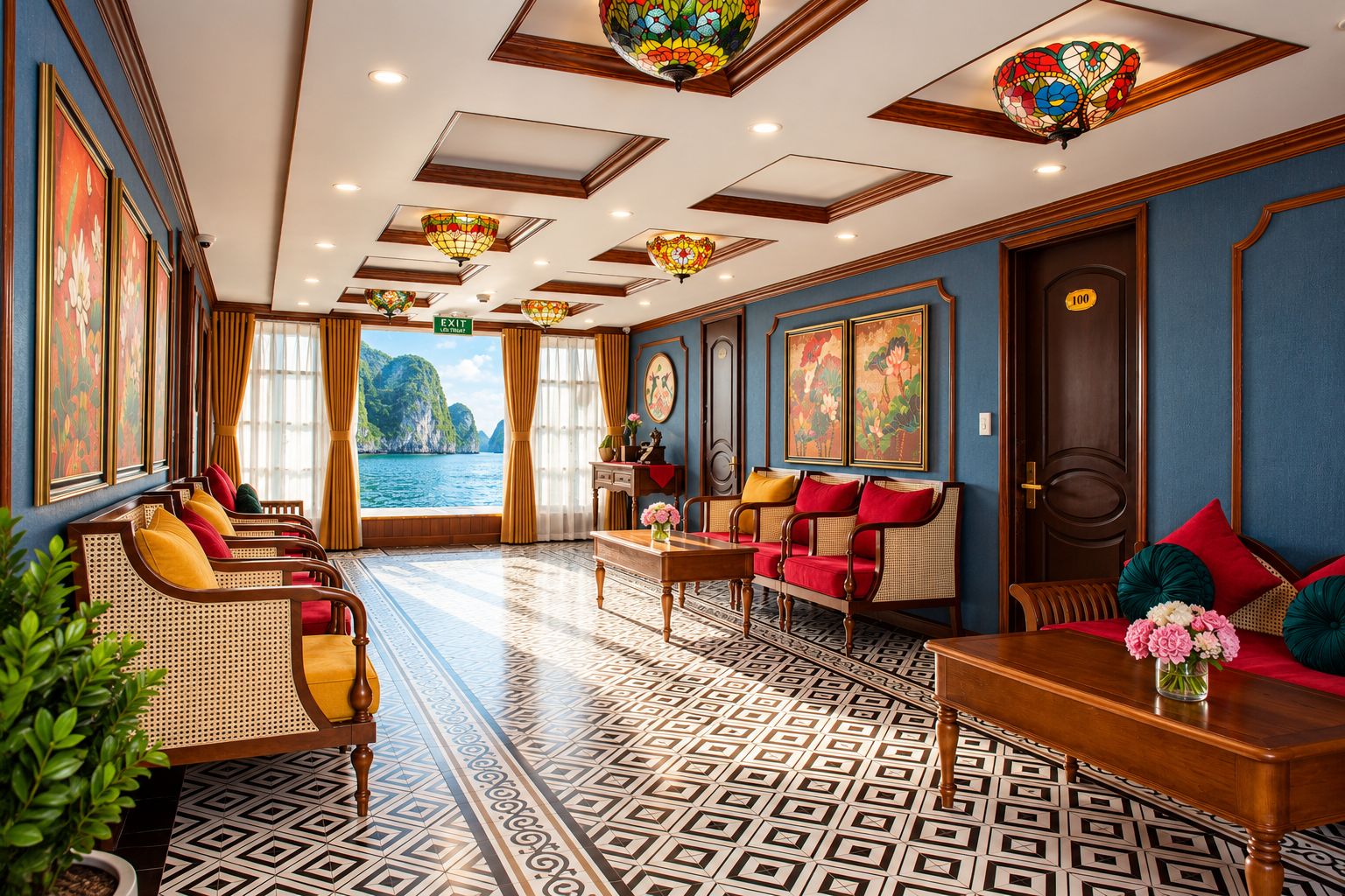 A hotel lobby with a view of the sea, a reception desk, seating area, and a patterned floor.