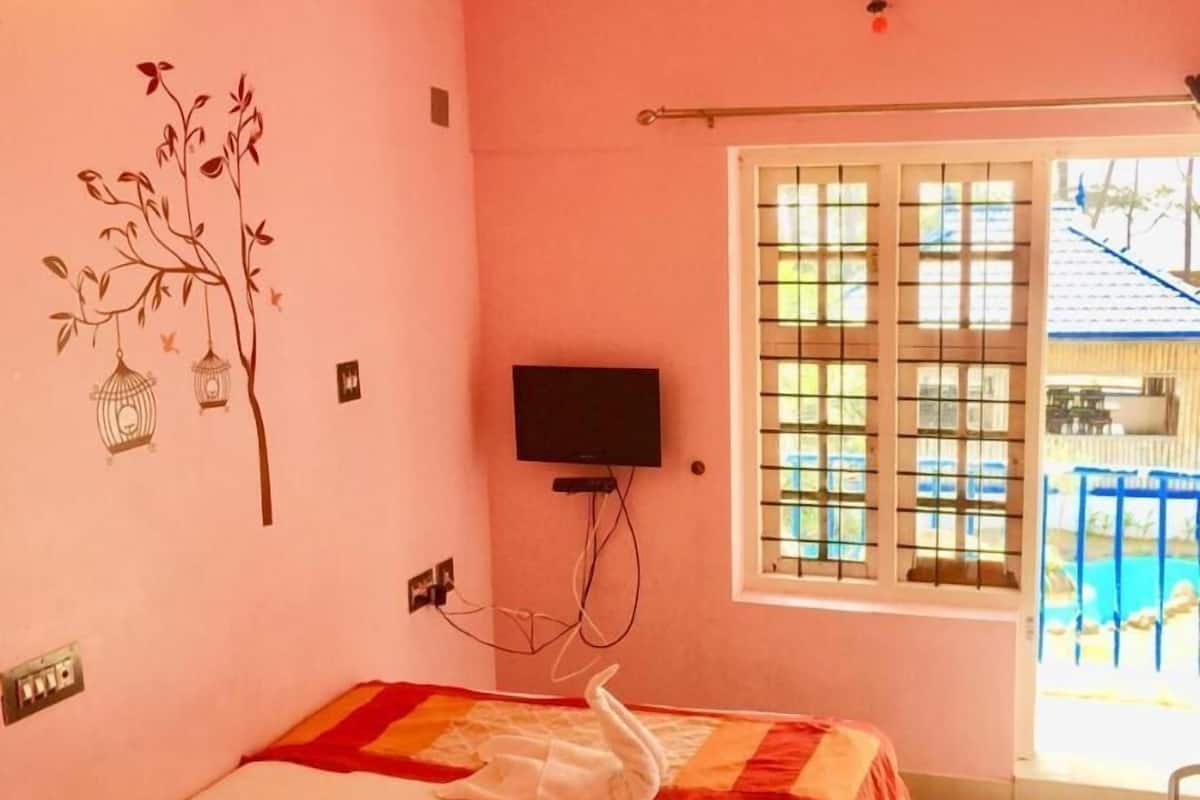 A bedroom with a bed, a TV, a window with a view of a pool, and a wall decoration.