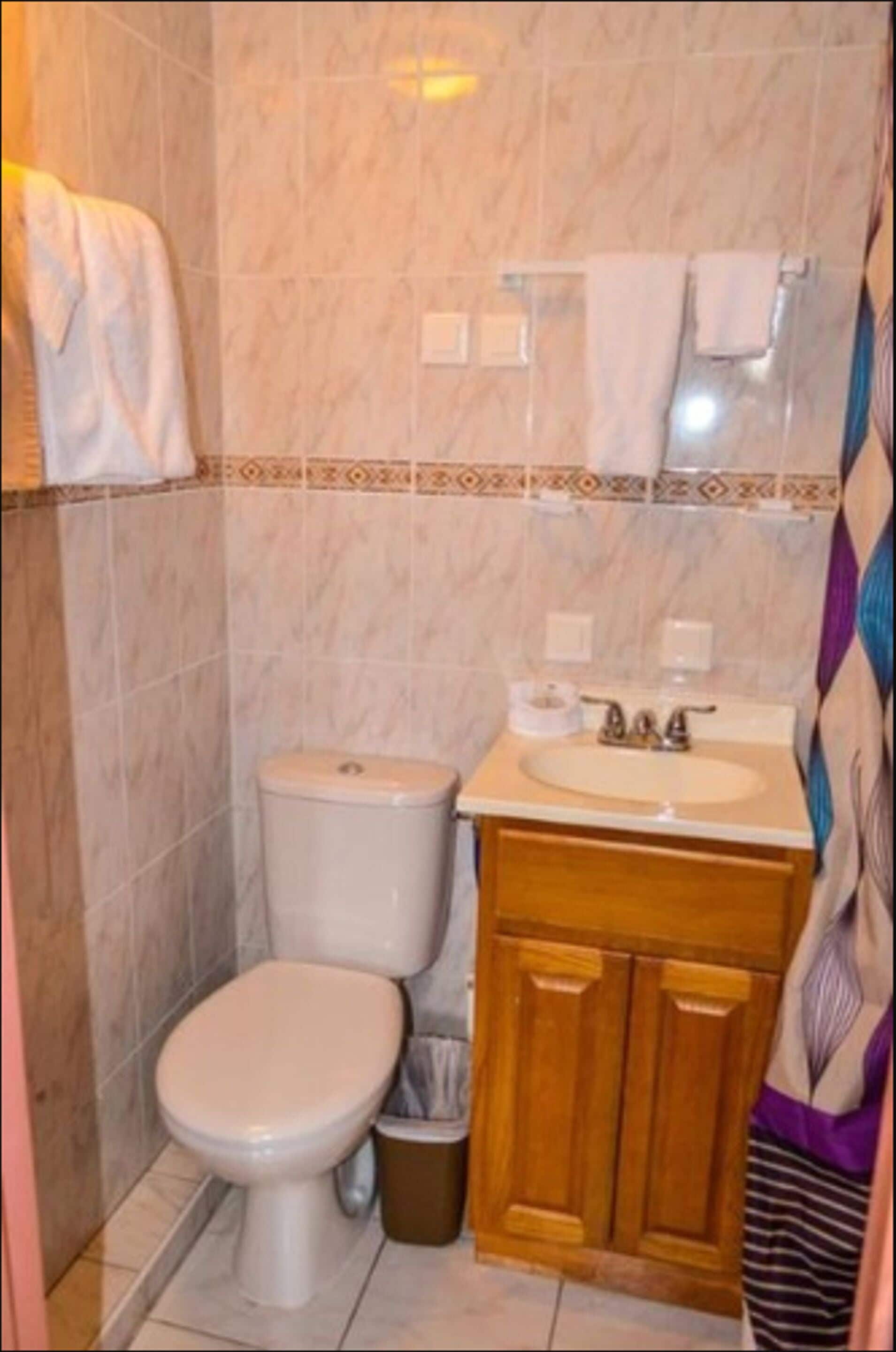 A bathroom with a toilet, sink, and wooden cabinet.