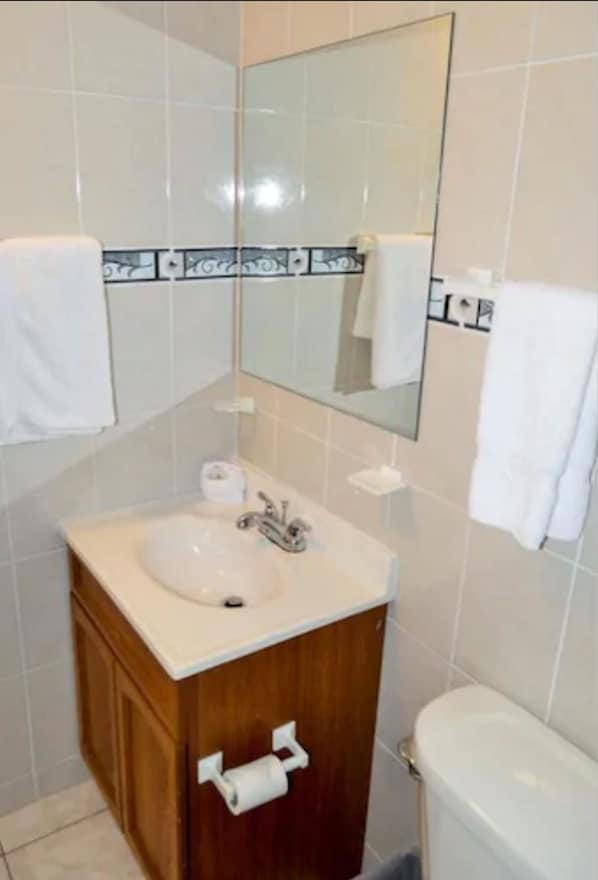 Un baño con lavabo, espejo, inodoro y toallero.