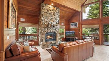 TV, fireplace, books