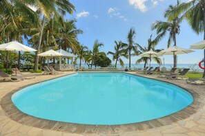 Outdoor pool, pool umbrellas, pool loungers