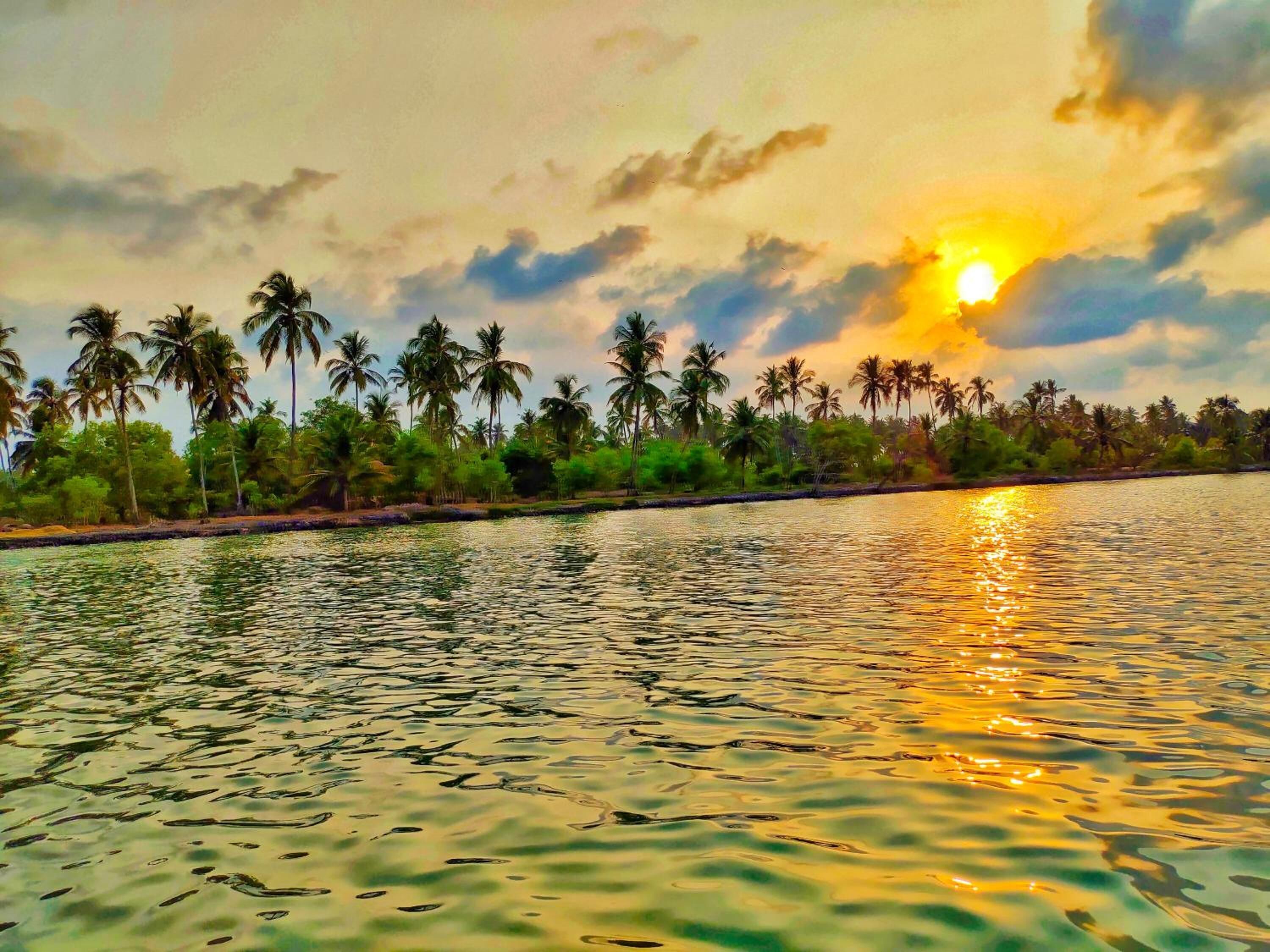 Un cuerpo de agua tranquilo que refleja el atardecer, con palmeras al fondo.