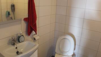 A bathroom with a white sink, a toilet, and a red towel hanging on the wall.