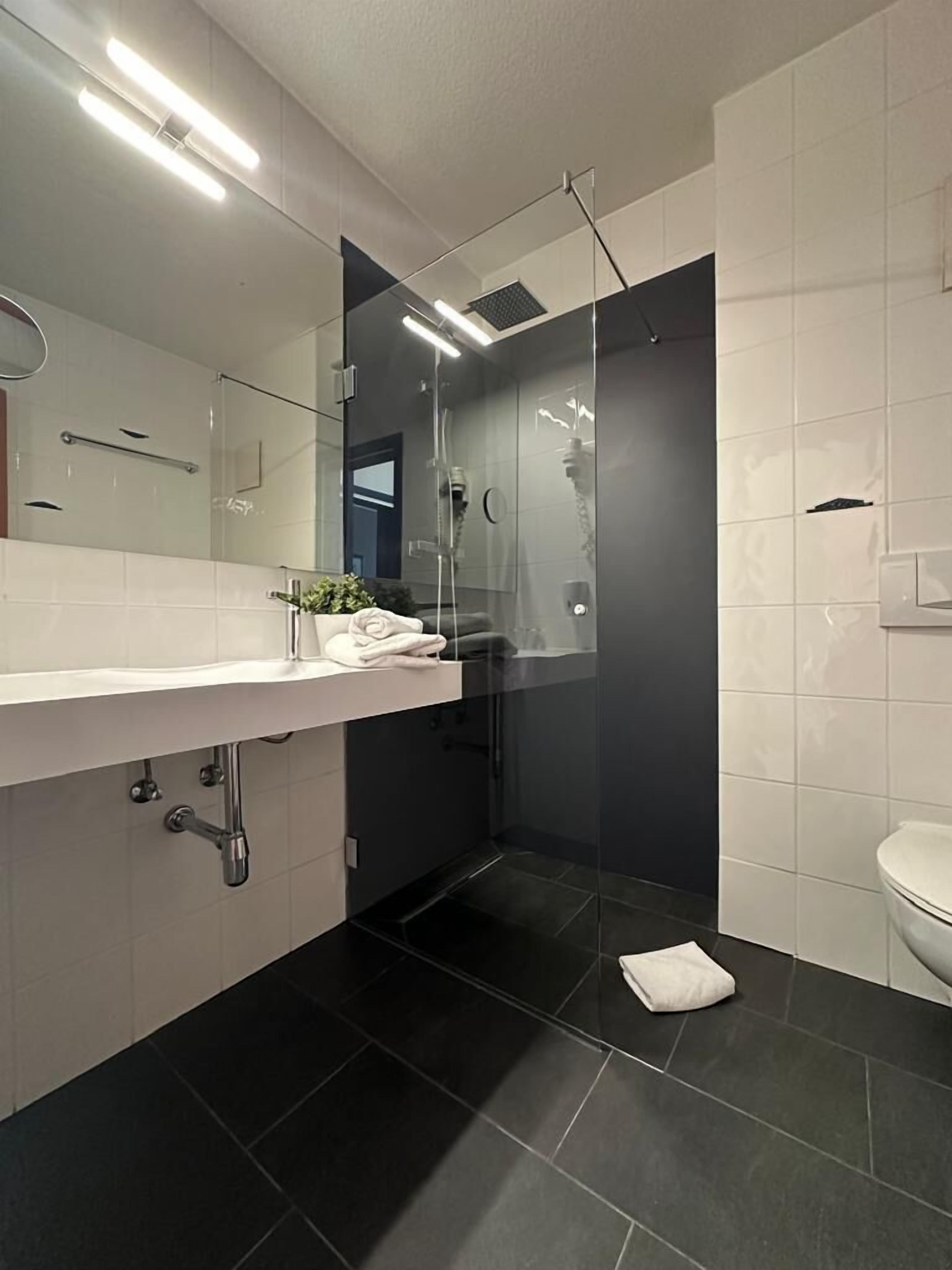 Un baño moderno con cabina de ducha de vidrio, un lavamanos blanco con una planta y un inodoro.