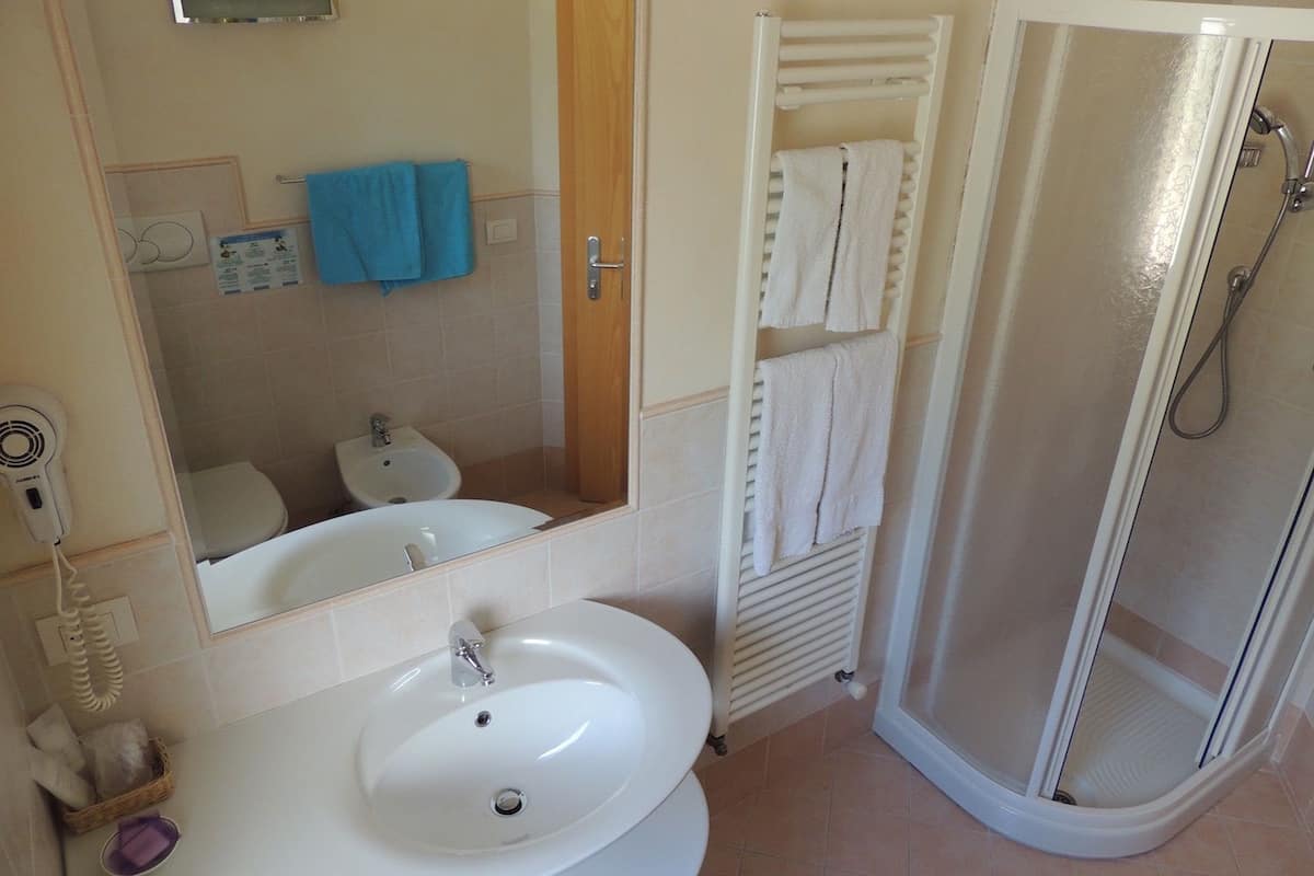 A bathroom with a sink, mirror, bidet, and a shower enclosure.